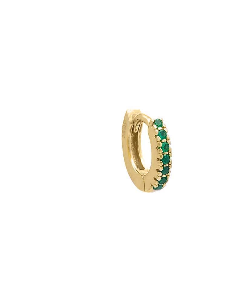 Front of a size One Size Emerald Green CZ Mini Huggie Earring 14K Gold One Size Single in 14K Gold by By Adina Eden. | dia_product_style_image_id:292425
